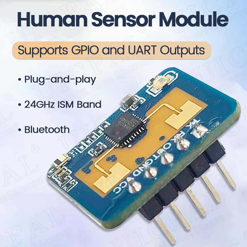 Human sensor module with technical specifications on a light blue background