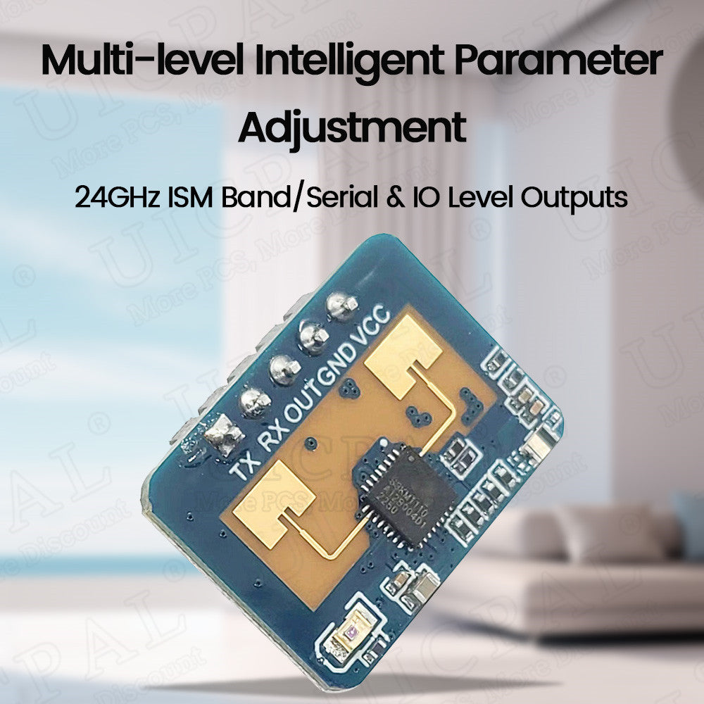 Electronic component with text about multi-level intelligent parameter adjustment and 24GHz ISM band on a blurred background.
