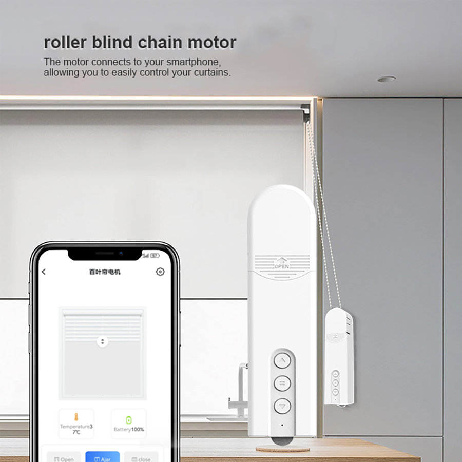 Roller blind chain motor with smartphone app control on a modern interior background