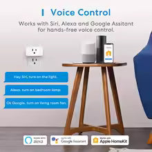 A wooden side table shown in a room setting with a blue chair, wall outlet, and text callouts about voice control compatibility with Siri, Alexa, and Google Assistant. The table appears to be the product being promoted, but the image is a composite marketing graphic rather than a clean product-only photo.