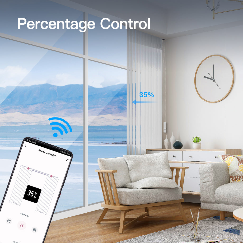 White smart blind motor for chain-operated roller blinds.