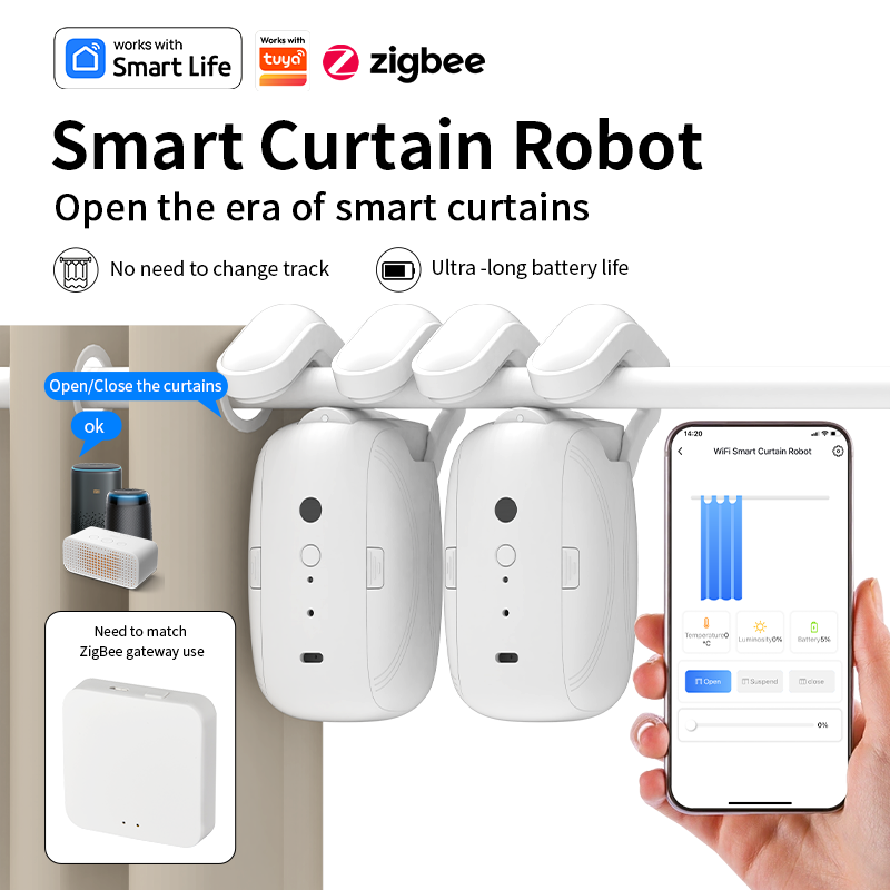 Smart curtain robot with smartphone app interface, featuring Smart Life, Tuya, and Zigbee logos.
