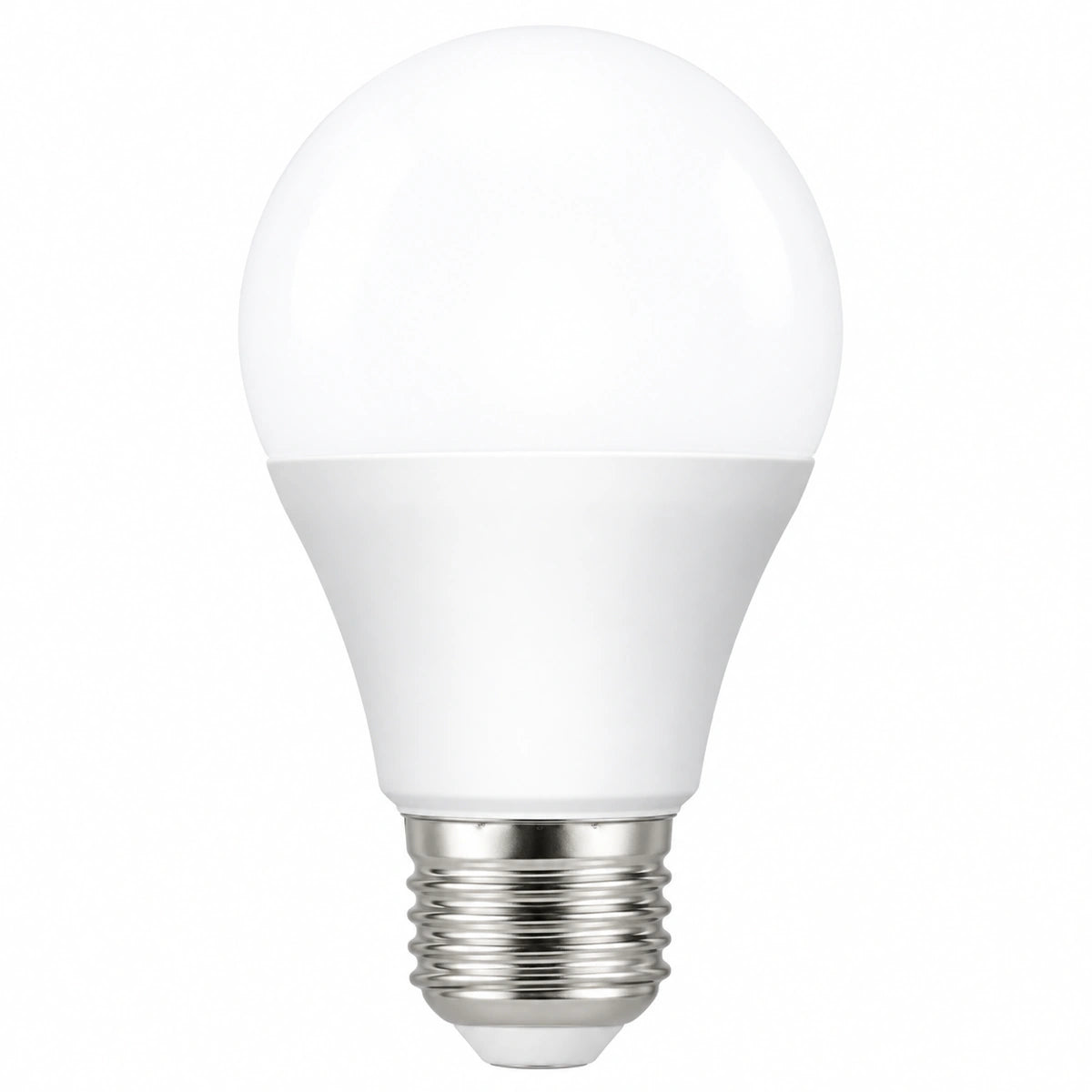 A standard A19-style LED light bulb with a frosted white glass envelope and a silver metal screw base, shown against a plain white background.