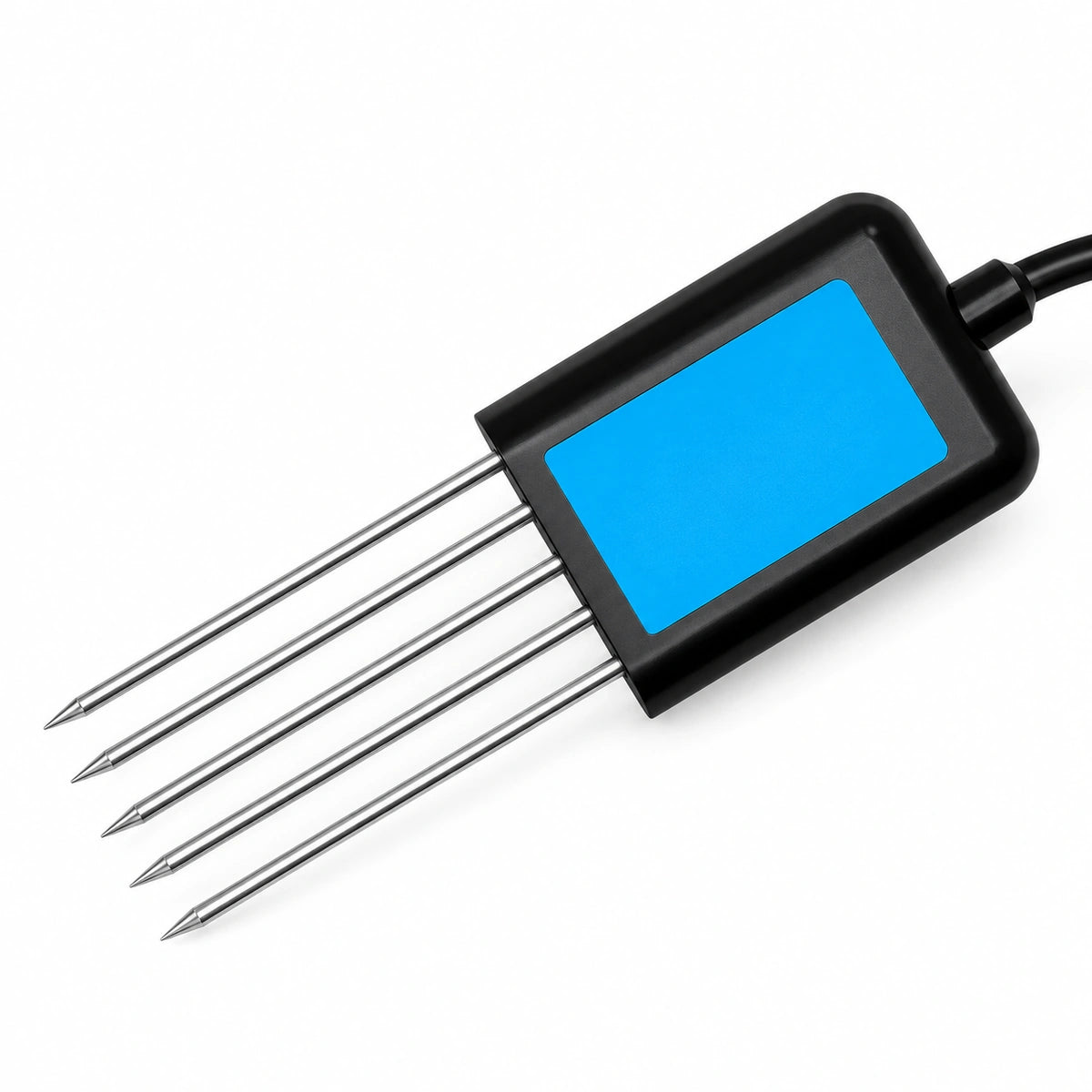 A 5-pin electronic temperature or humidity sensor probe with a black plastic housing, a bright blue rectangular adhesive label, and five long metal pins, shown on a white background.