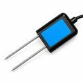 A black dual-probe temperature or pH sensor with a bright blue rectangular face and two long metal pins, shown on a clean white background.