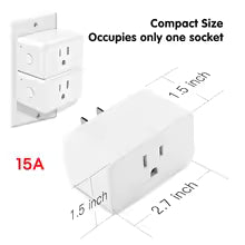 White compact USB wall charger adapter with built-in USB-C and USB-A ports, shown with dimension labels and text noting compact size and 15A rating.
