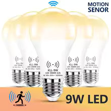 Four glowing 9W LED light bulbs with motion sensor icons and text, shown on a white background with an orange gradient at the bottom.