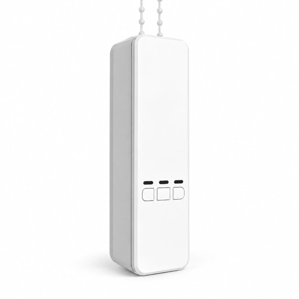 A slim, white rectangular electronic device with a ball chain attached at the top, featuring three small black indicator lights and three white square buttons on the front face, shown against a plain white background.