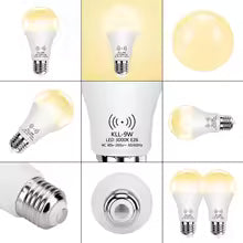 A 3x3 collage showing multiple views of a smart LED light bulb: unlit white bulb, glowing warm yellow bulb, close-up of the bulb base, a white cylindrical pack with printed text, a close-up of the bulb tip, and two glowing bulbs on the right.