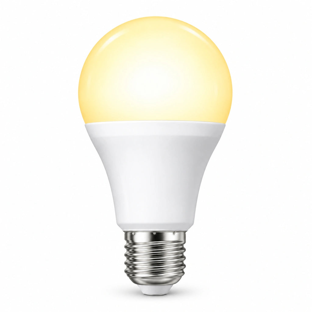 A bright LED light bulb with a glowing warm yellow globe and a white plastic base, shown on a clean white background.