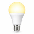 A bright LED light bulb with a glowing warm yellow globe and a white plastic base, shown on a clean white background.