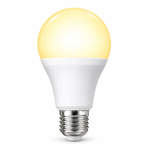 A bright LED light bulb with a glowing warm yellow globe and a white plastic base, shown on a clean white background.
