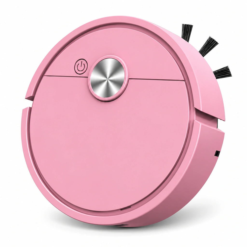 A pink round robotic vacuum cleaner with black cleaning brushes on the side and a silver metallic power button on top, shown on a clean white background.