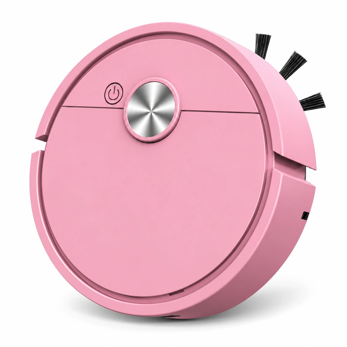 A pink round robotic vacuum cleaner with black cleaning brushes on the side and a silver metallic power button on top, shown on a clean white background.
