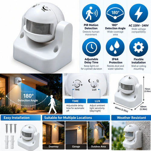 White dome-shaped PIR motion sensor security camera with feature callouts, installation accessories, and usage benefits on a light gray background.