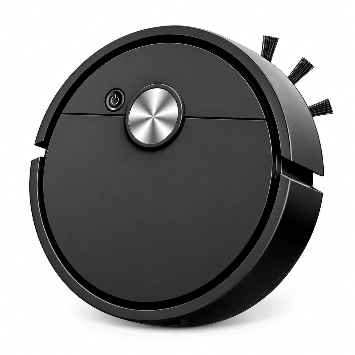 A black round robotic vacuum cleaner with a brushed silver central button, shown at an angle on a white background.