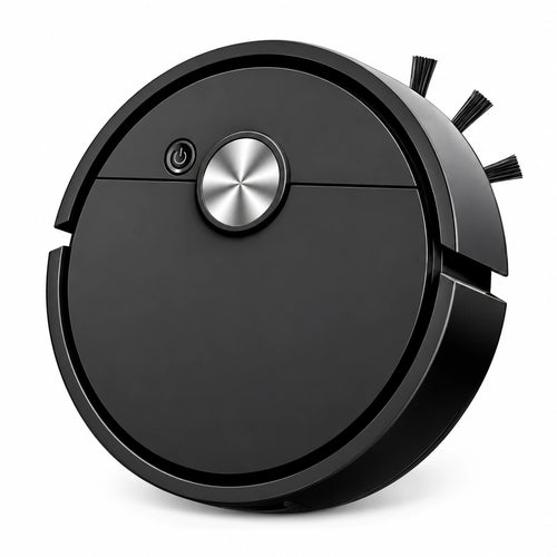 A black round robotic vacuum cleaner with a brushed silver central button, shown at an angle on a white background.