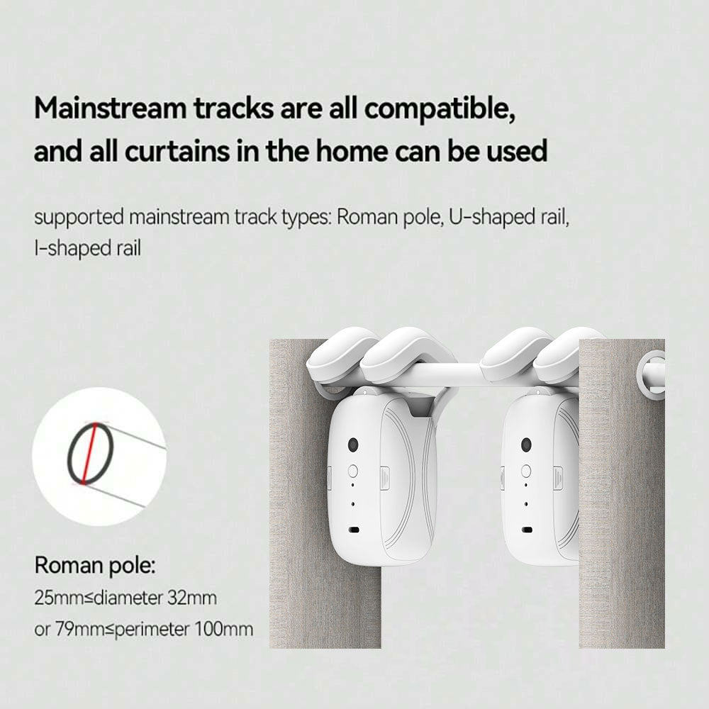 White curtain track system with text on compatibility and supported track types.