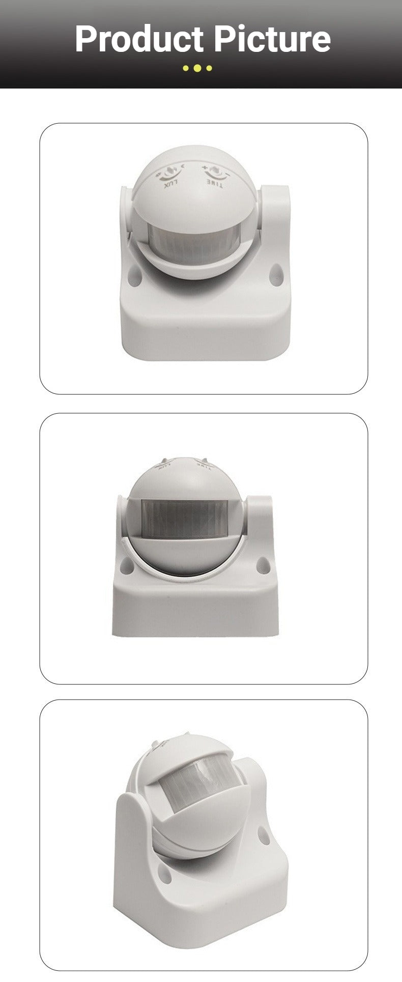 White motion sensor with three different angles shown on a white background