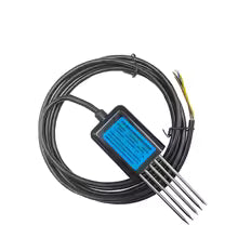 A black industrial temperature or level sensor probe with a coiled cable, a central blue-labeled electronic module, and four metal探棒 on a plain white background.