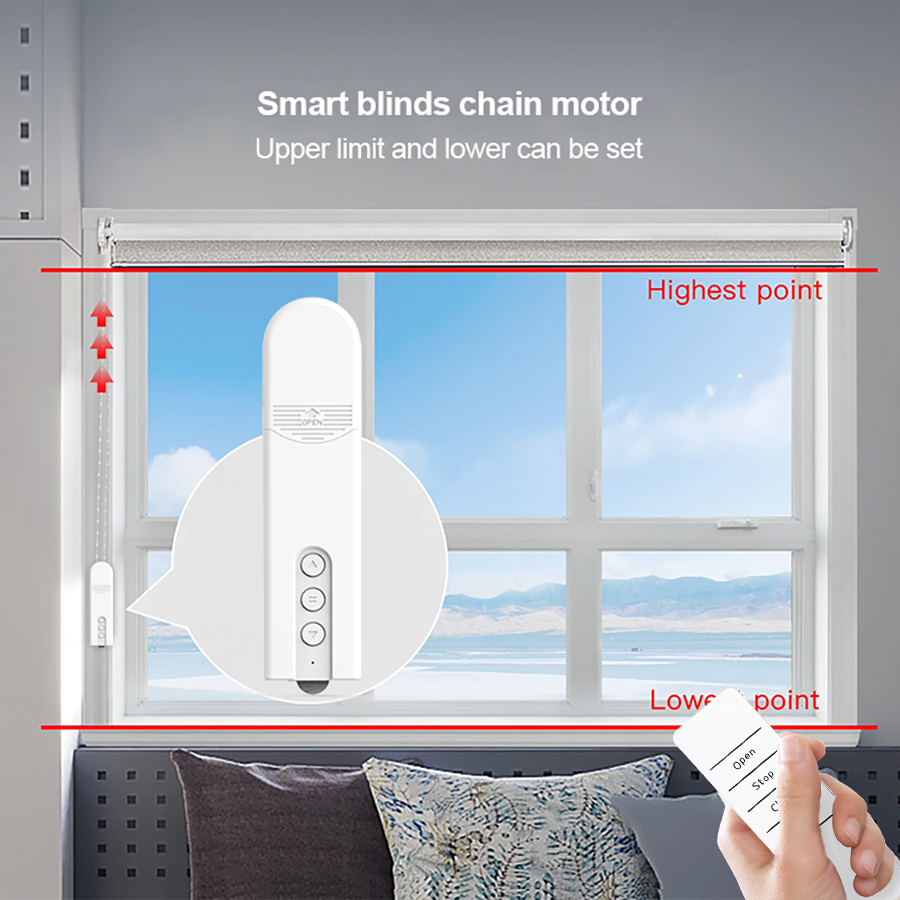 Smart blinds chain motor with remote control in front of a window