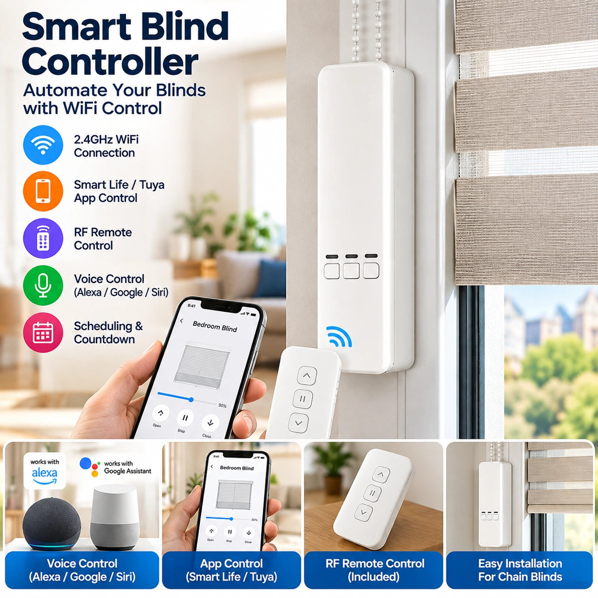Smart chain blind motor kit with remote gears holder and adapter