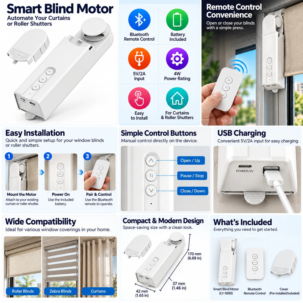 A product infographic for a Smart Blind Motor remote control system. The image features a white motor and two white remote controls, alongside various text callouts detailing features like Bluetooth remote control, battery included, 5V/2A input, easy installation, simple control buttons, USB charging, wide compatibility, and what's included.