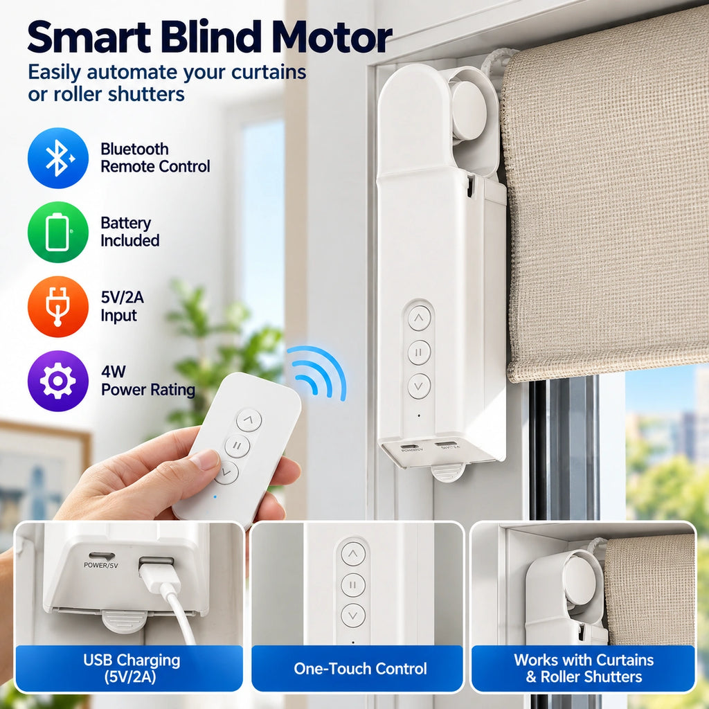 A white smart blind motor controller shown mounted beside a window with a curtain, alongside feature callouts for Bluetooth remote control, battery included, 5V/2A input, 4W power rating, USB charging, one-touch control, and compatibility with curtains and roller shutters.