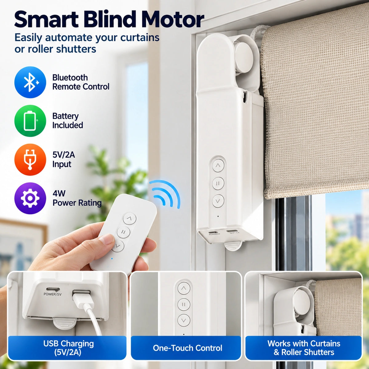A white smart blind motor controller shown mounted beside a window with a curtain, alongside feature callouts for Bluetooth remote control, battery included, 5V/2A input, 4W power rating, USB charging, one-touch control, and compatibility with curtains and roller shutters.