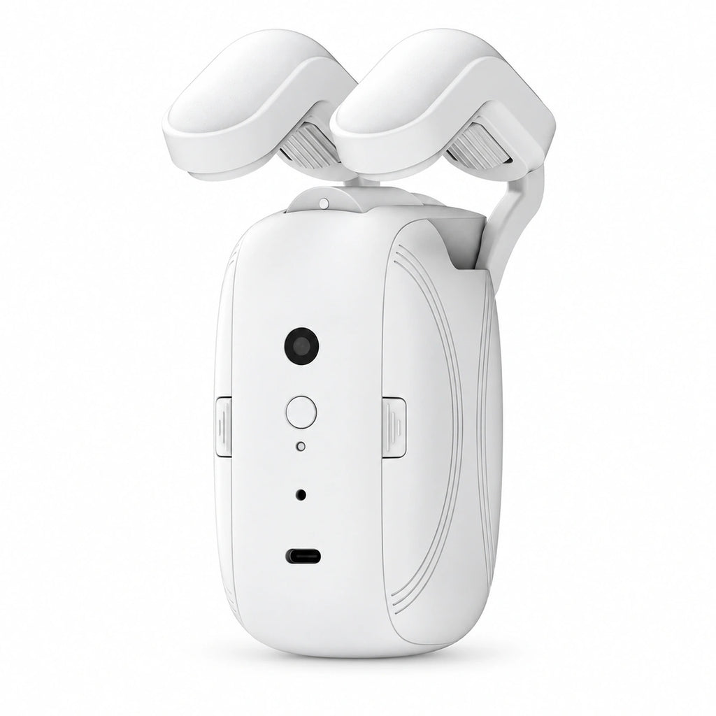 A white handheld electric grooming device, likely a mini drone or grooming wand, shown from the back with its top wings open, on a seamless white background.