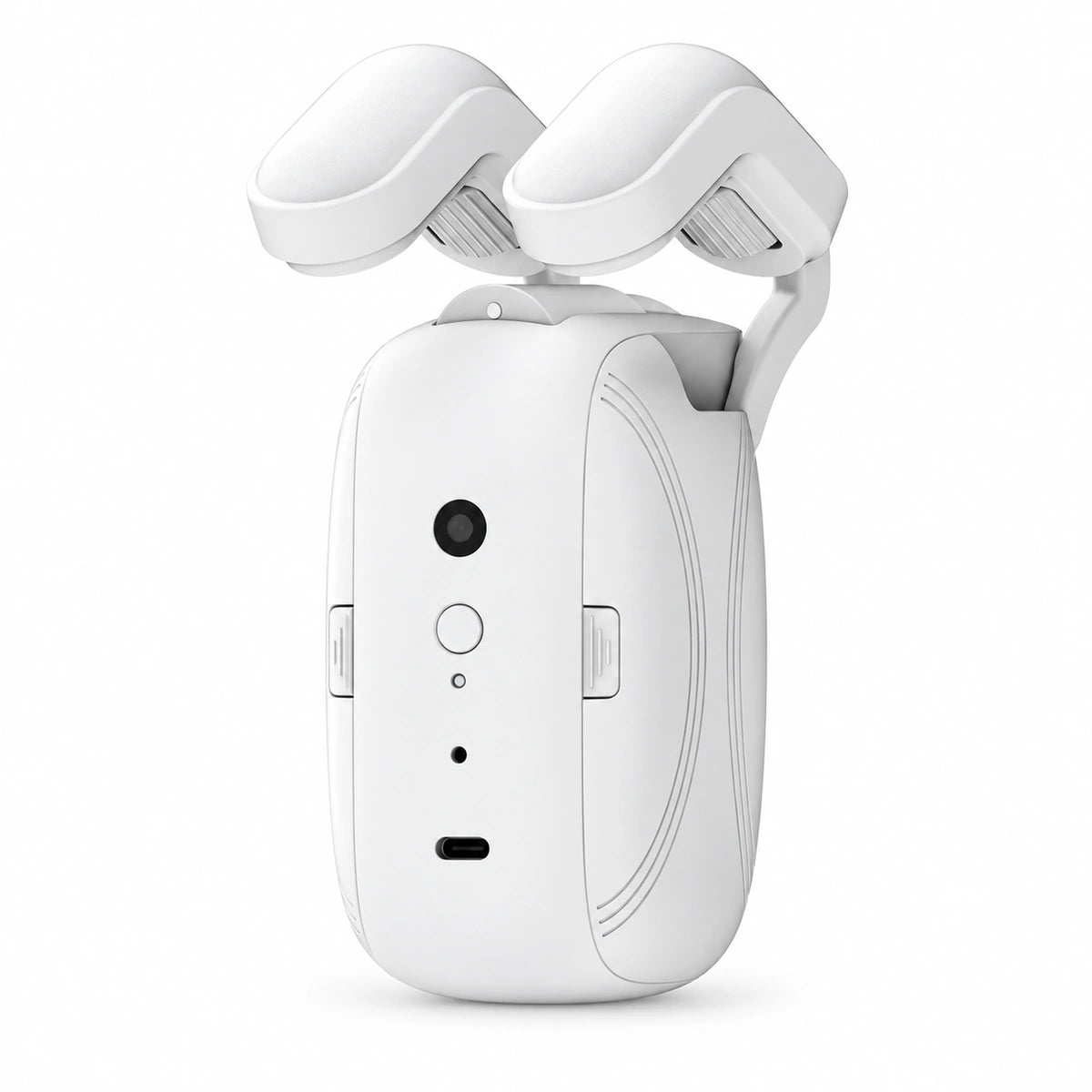 A white handheld electric grooming device, likely a mini drone or grooming wand, shown from the back with its top wings open, on a seamless white background.