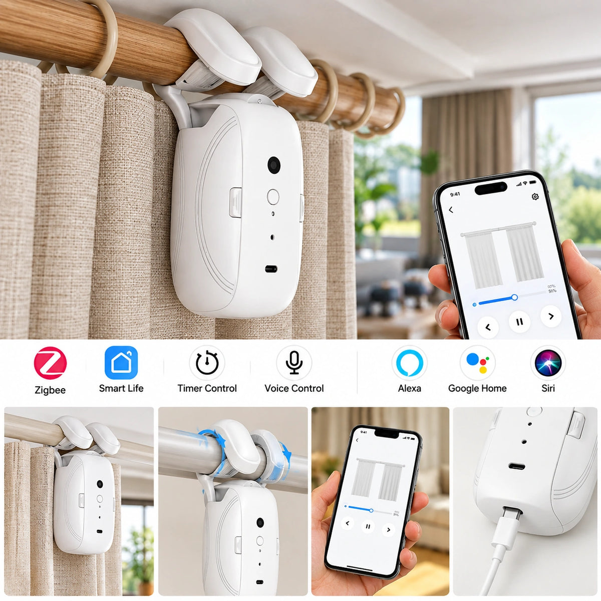 A white smart curtain blind controller clipped onto a wooden curtain rod with beige curtains, shown in a home interior setting. A hand holds a smartphone displaying the app interface, and feature icons along the bottom mention Zigbee, Smart Life, timer control, voice control, Alexa, Google Home, and Siri.