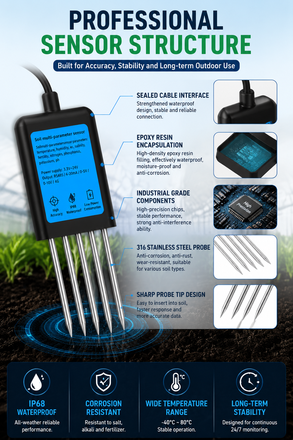 A promotional infographic for a professional soil moisture sensor, featuring a black and blue device with a clear display, detailed feature callouts, and a dark blue footer with icons for IP68 waterproofing, corrosion resistance, wide temperature range, and long-term stability.