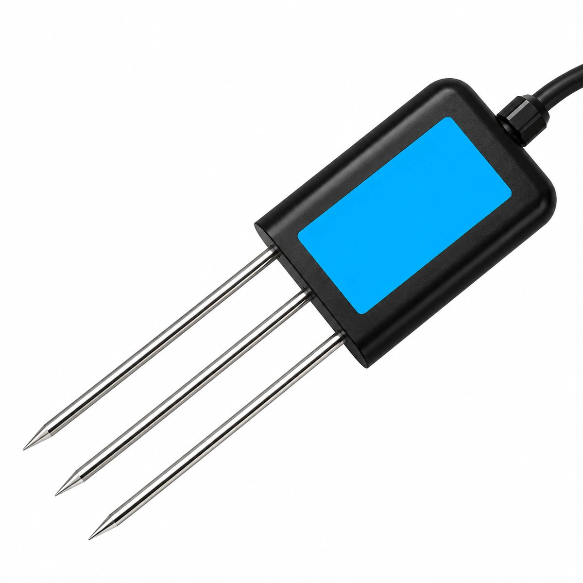 A black electronic sensor probe with three long metal pins and a bright blue rectangular label on the top, shown on a plain white background.