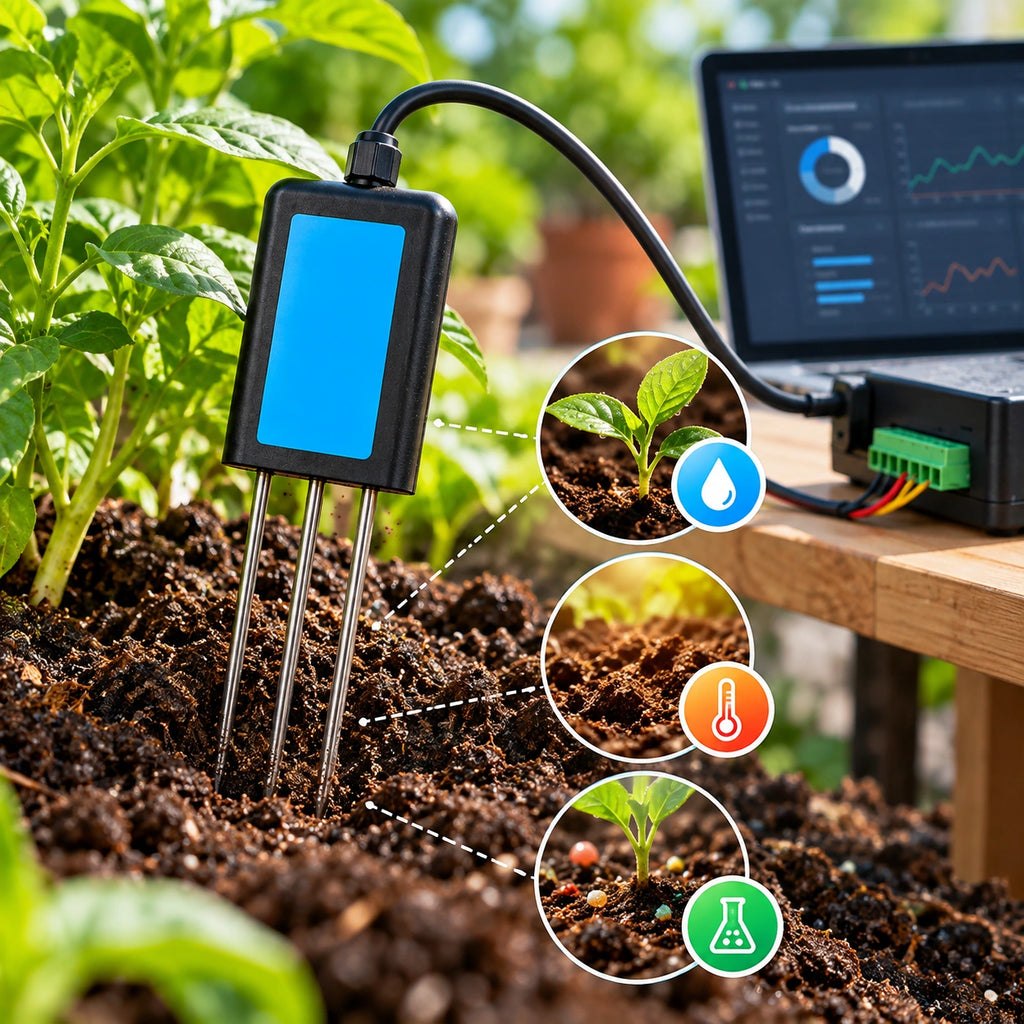 A soil moisture meter with two metal probes inserted into dark garden soil, connected by a black cable to a laptop showing data charts. Three circular inset graphics highlight plant growth, water drops, temperature, and fertilizer application.