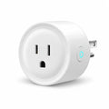 A white smart wall outlet plug with a circular power button featuring a glowing blue icon, shown on a clean white background.
