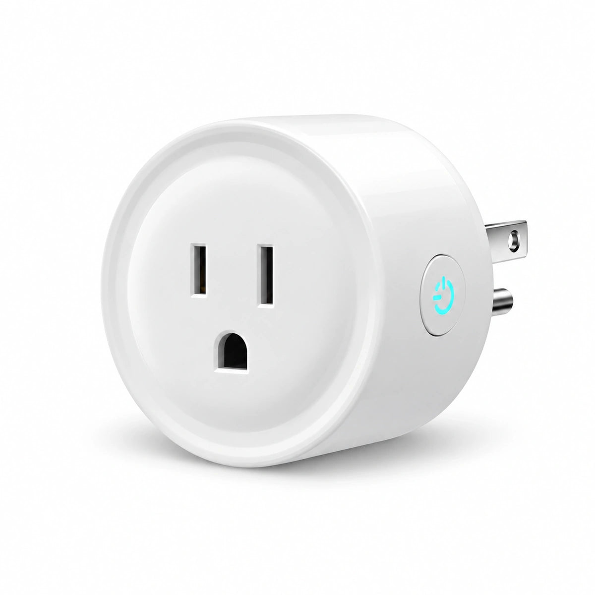 A white smart wall outlet plug with a circular power button featuring a glowing blue icon, shown on a clean white background.