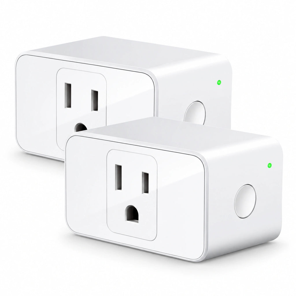 Two white smart outlet power strips shown on a clean white background, with one in front of the other. Each outlet has a small green indicator light and a round button on the side.