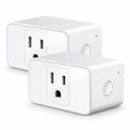 Two white smart outlet power strips shown on a clean white background, with one in front of the other. Each outlet has a small green indicator light and a round button on the side.