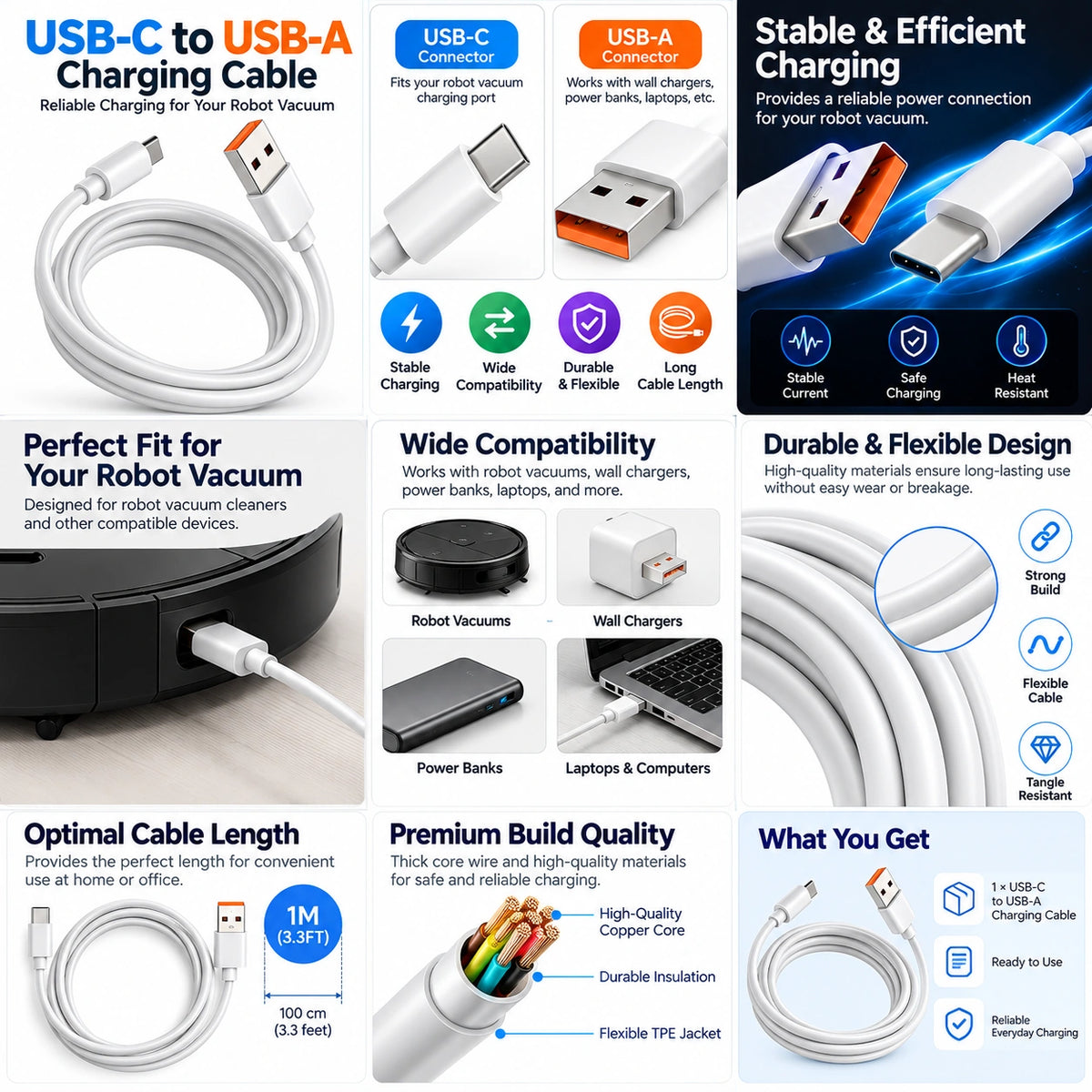 A promotional infographic for a white USB-C to USB-A charging cable, showing the cable connected to a robot vacuum and various icons and text highlighting features like stable efficient charging, wide compatibility, durable flexible design, optimal cable length, premium build quality, and what is included.