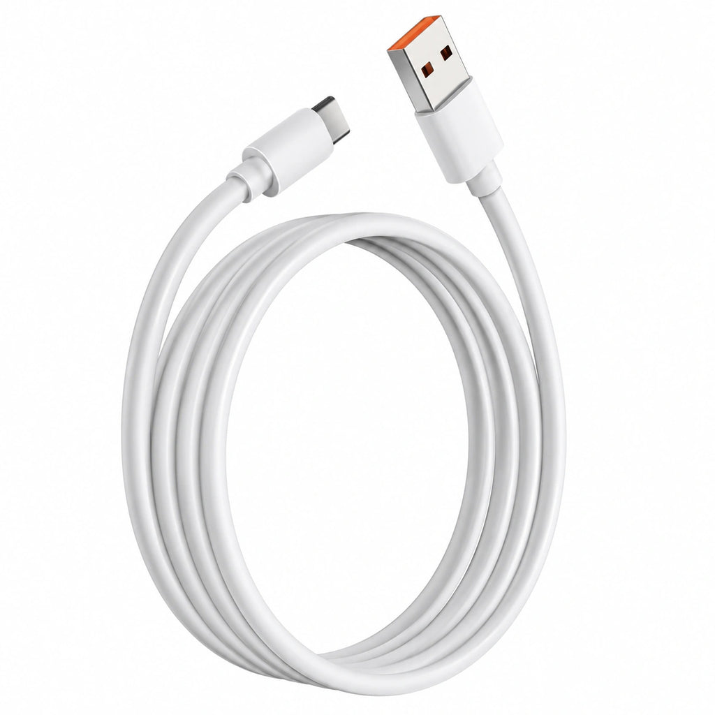 A white USB-C to USB-A charging cable, coiled in a loop with the USB-A connector facing forward, set against a plain white background.