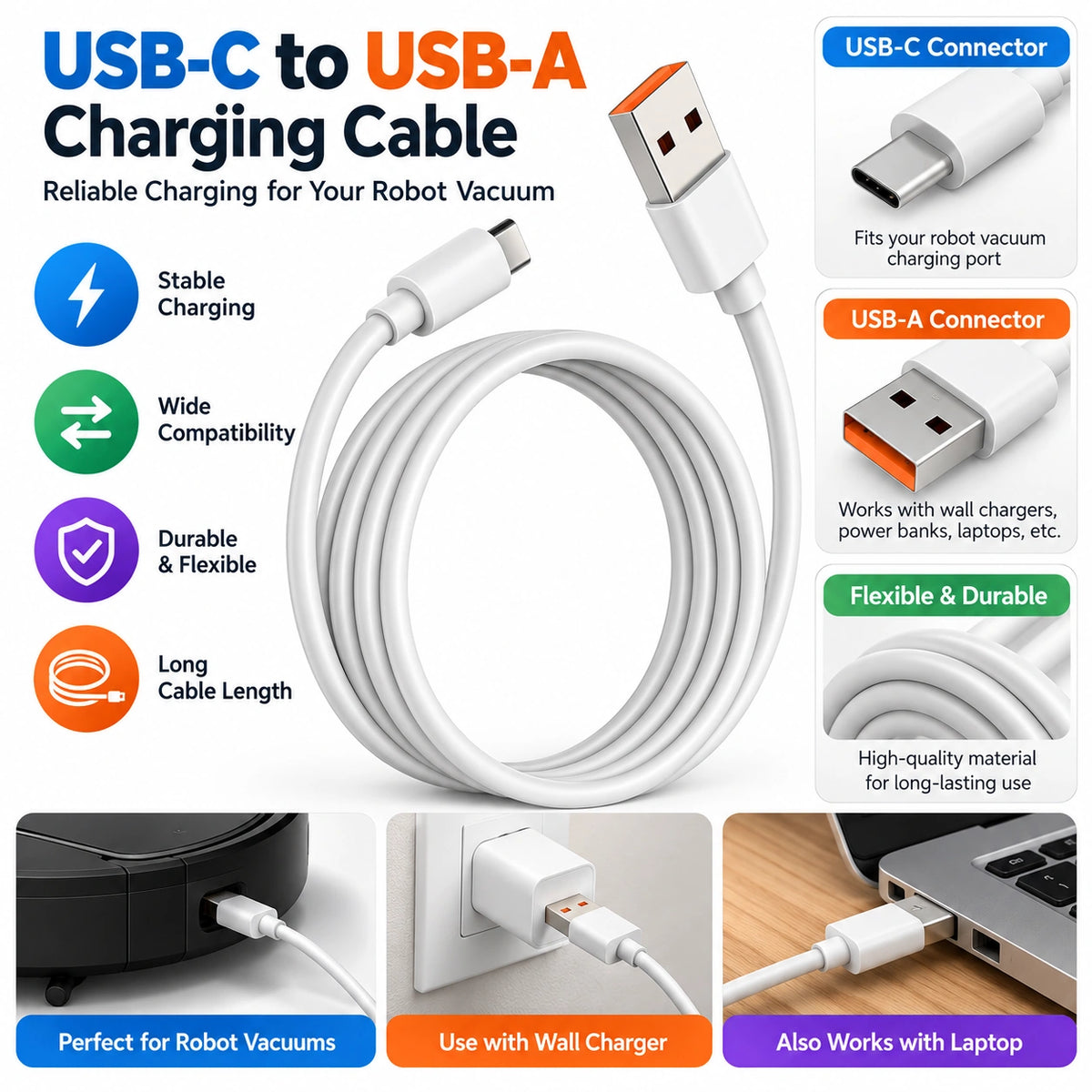 White USB-C to USB-A charging cable shown on a white background with feature callouts, connector details, and usage examples for robot vacuums, wall chargers, laptops, and power banks.