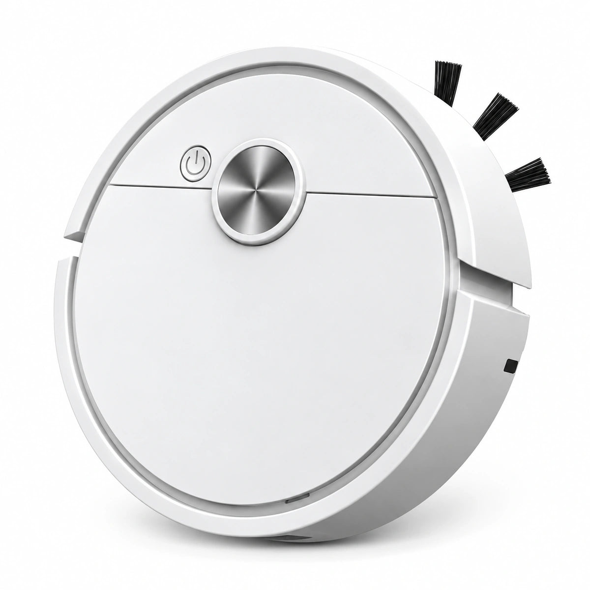 A white round robotic vacuum cleaner with a metallic silver central button and black side brushes, shown on a clean white background.