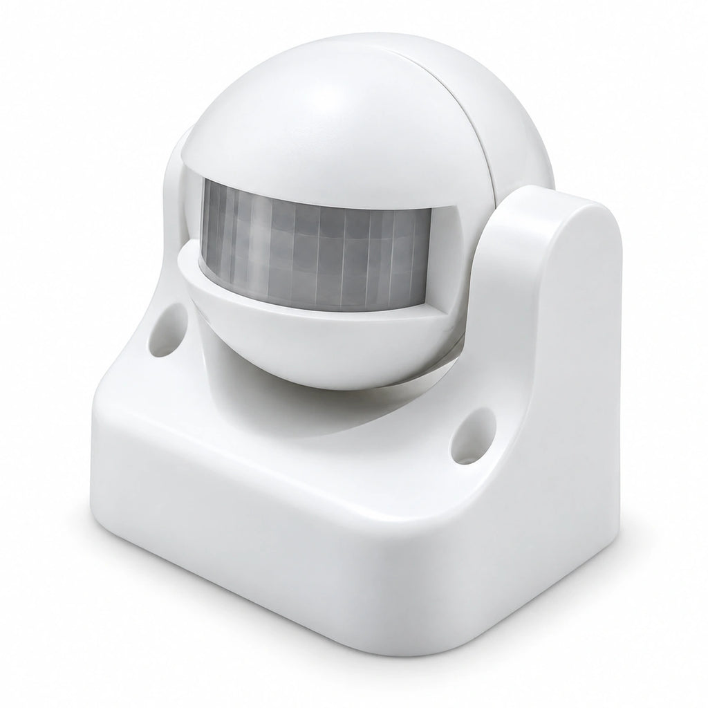 A white spherical motion sensor security camera with a clear sensor window, mounted on a square white base with two screw holes.