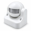 A white spherical motion sensor security camera with a clear sensor window, mounted on a square white base with two screw holes.