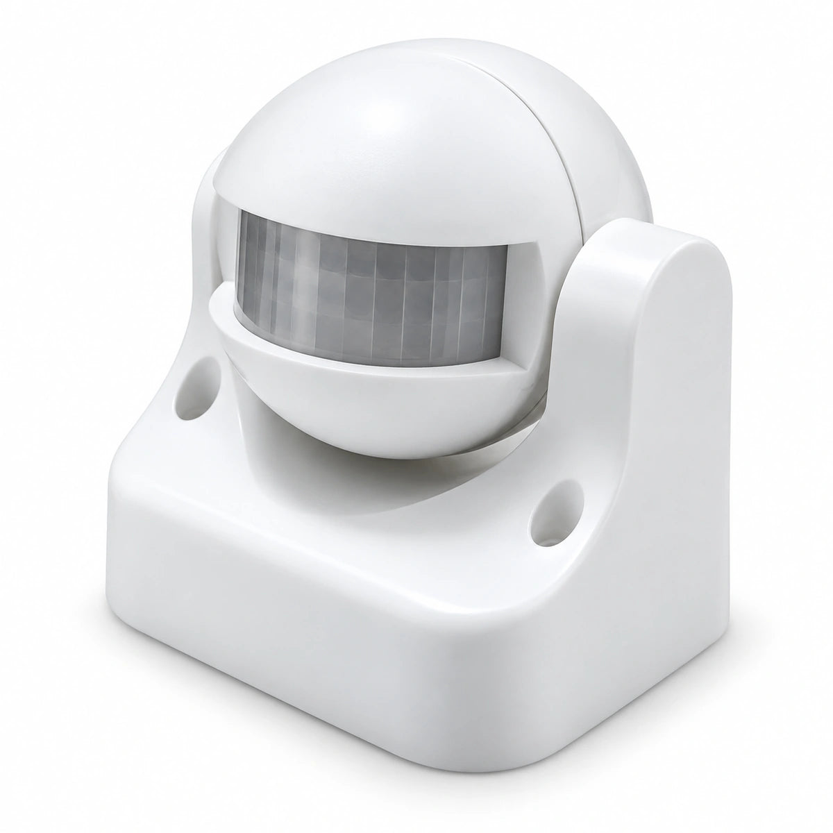 A white spherical motion sensor security camera with a clear sensor window, mounted on a square white base with two screw holes.