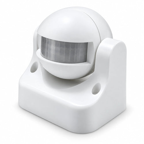 A white spherical motion sensor security camera with a clear sensor window, mounted on a square white base with two screw holes.
